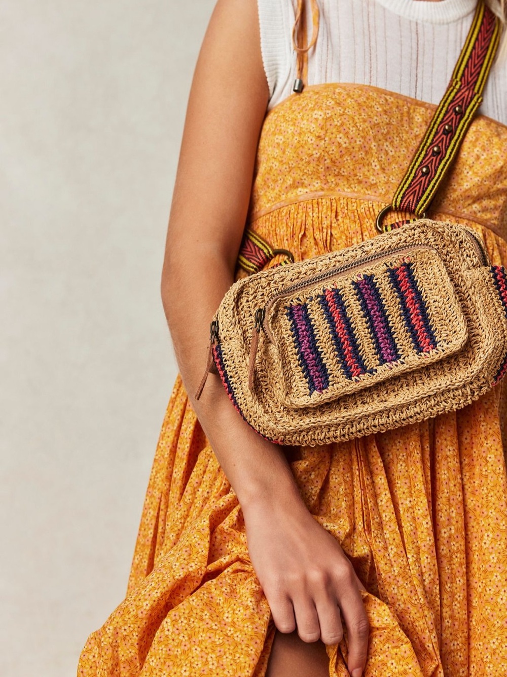 Free People Straw Crossbody Bag with Navy & Red Accents